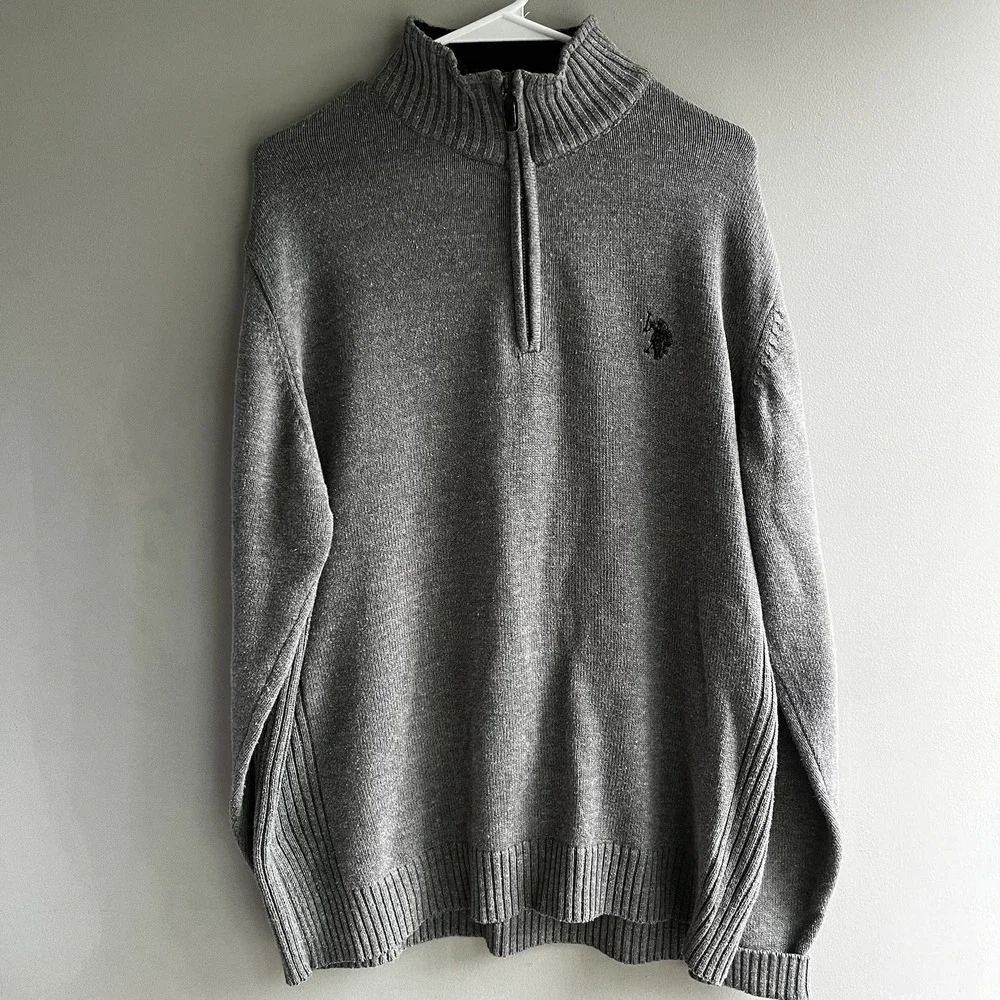 Mens Polo Long Sleeve Pull Over 1/4 Zip Sweater Gray Size Large Academia - Picture 1 of 7